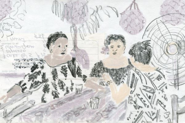 Pencil and soft pastel sketch of three Samoan women in patterned clothing, sitting around a table